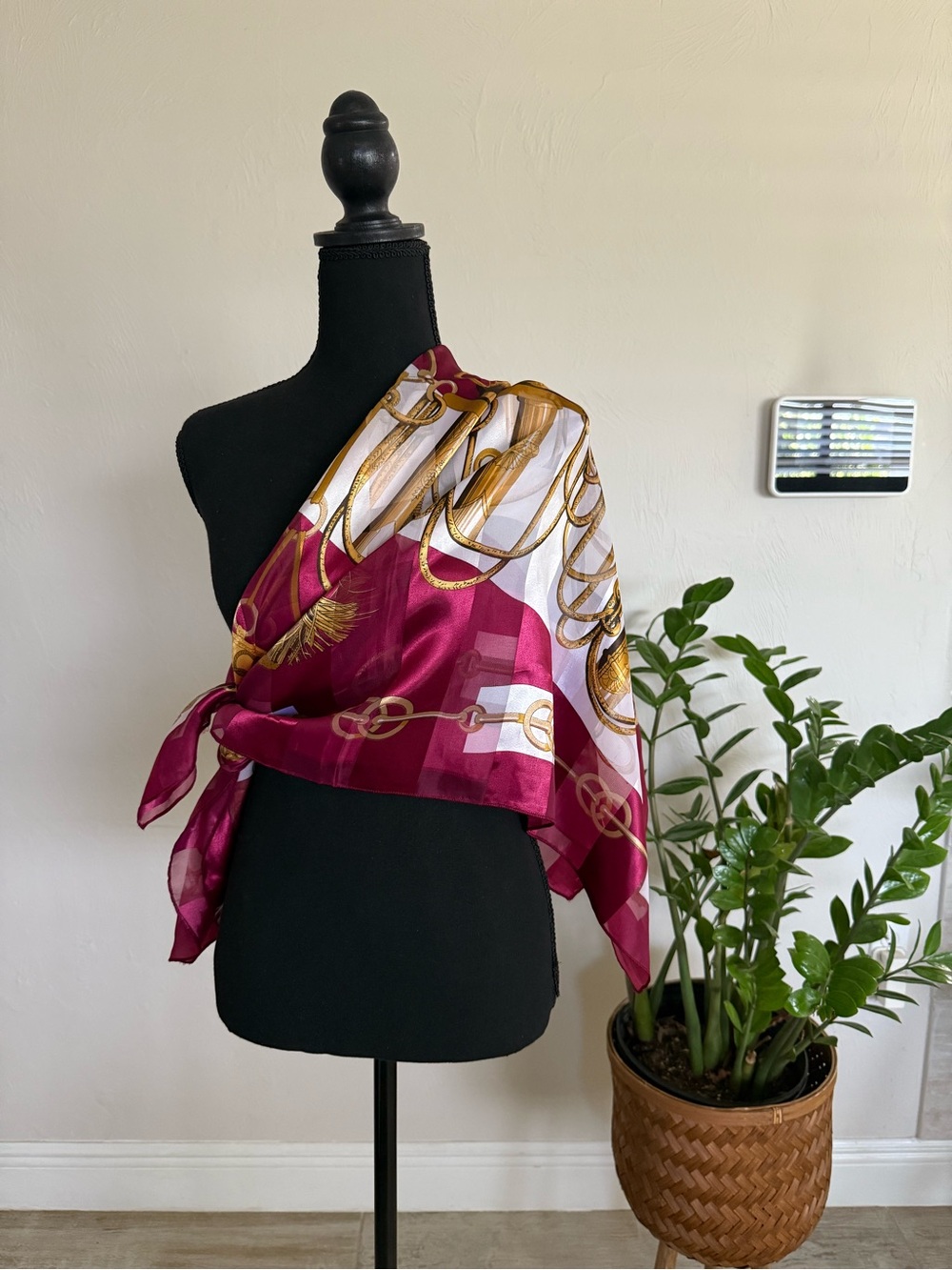 Equestrian Horse Bit Print Oversized Headscarf Scarf/Bandana Burgundy Gold